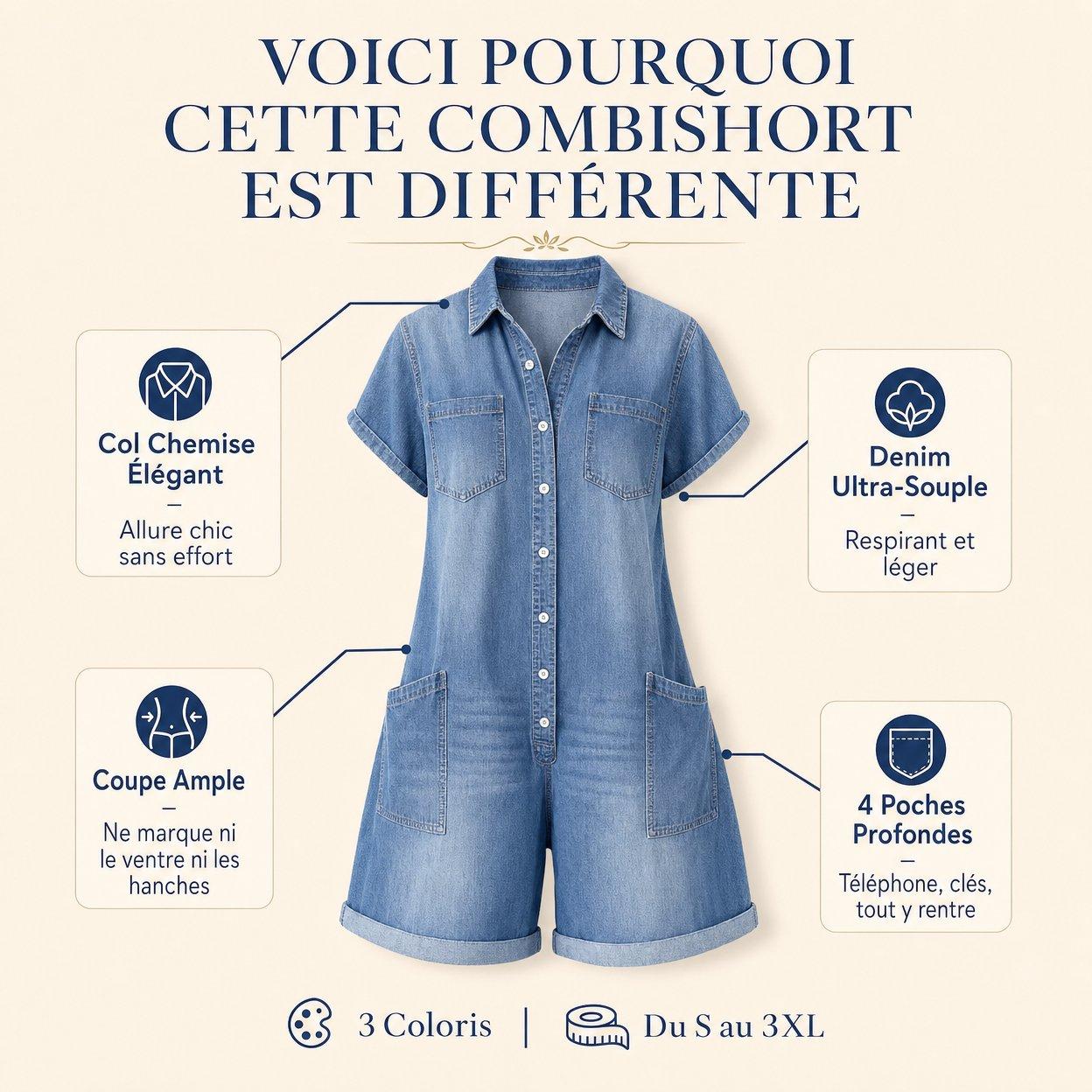 Combishort Femme en Denim – Manches Courtes et 4 Poches