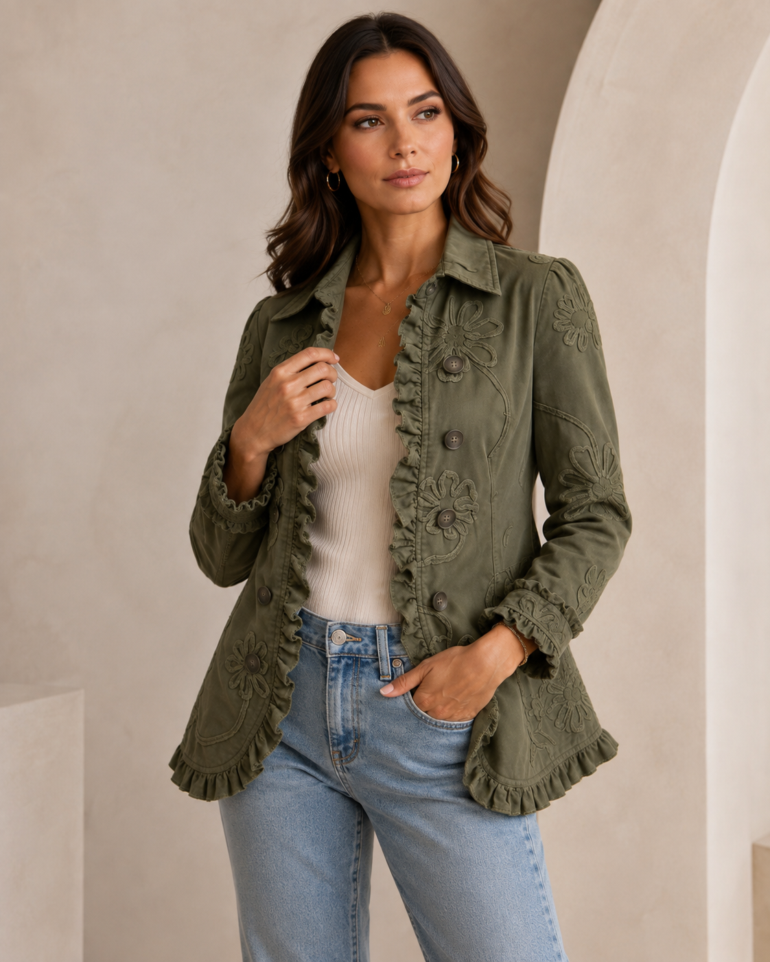 Veste Femme Brodée Florale – Style Casual Chic